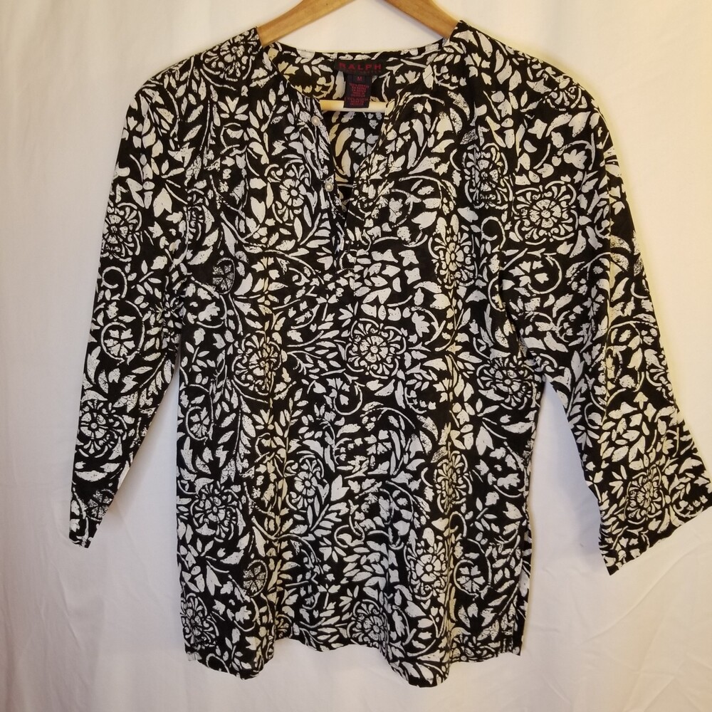 Ralph Ralph Lauren Black White Floral Pattern 3 button 3/4 sleeve blouse M Med